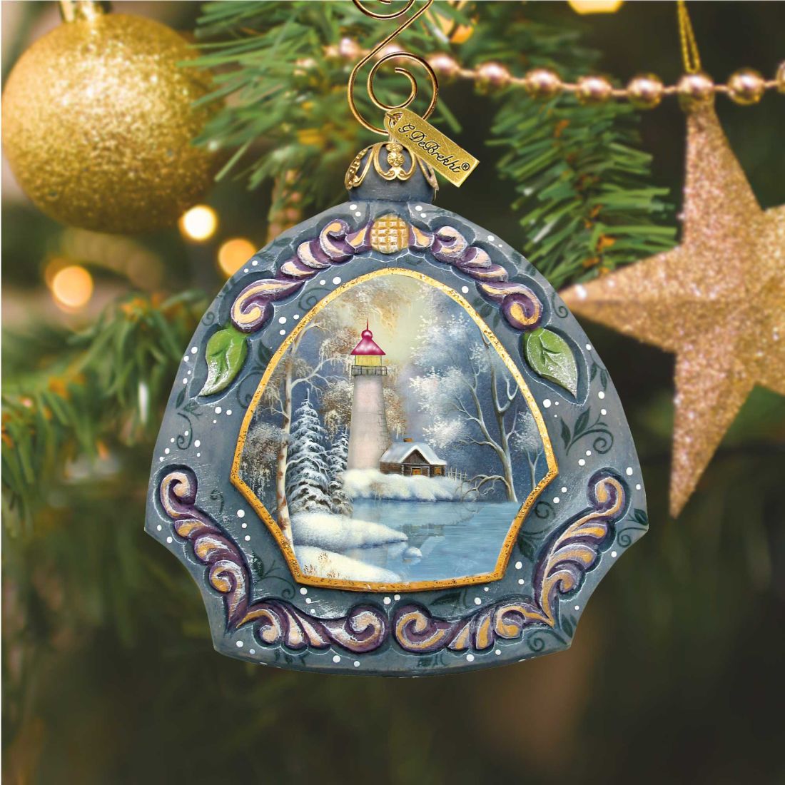Harbor Light Sculpted Hand-Painted Ornament by G. DeBrekht, blue-green frame, gold accents on Tampa Home & Garden Store