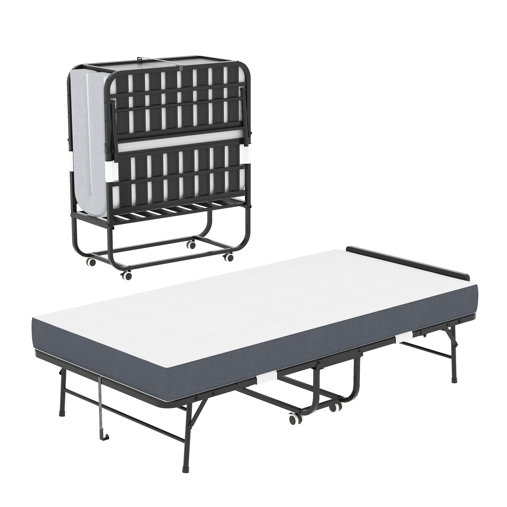 Twin folding bed on wheels with adjustable headboard memory foam mattress black frame on Tampa Home & Garden Store