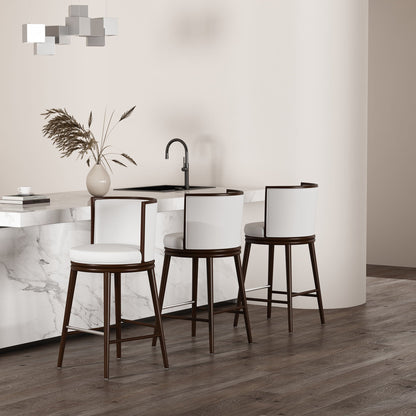 Evalyn Barstool by HouseOfZazla, bar-height stools with white seats and brown wood frames on Tampa Home & Garden Store