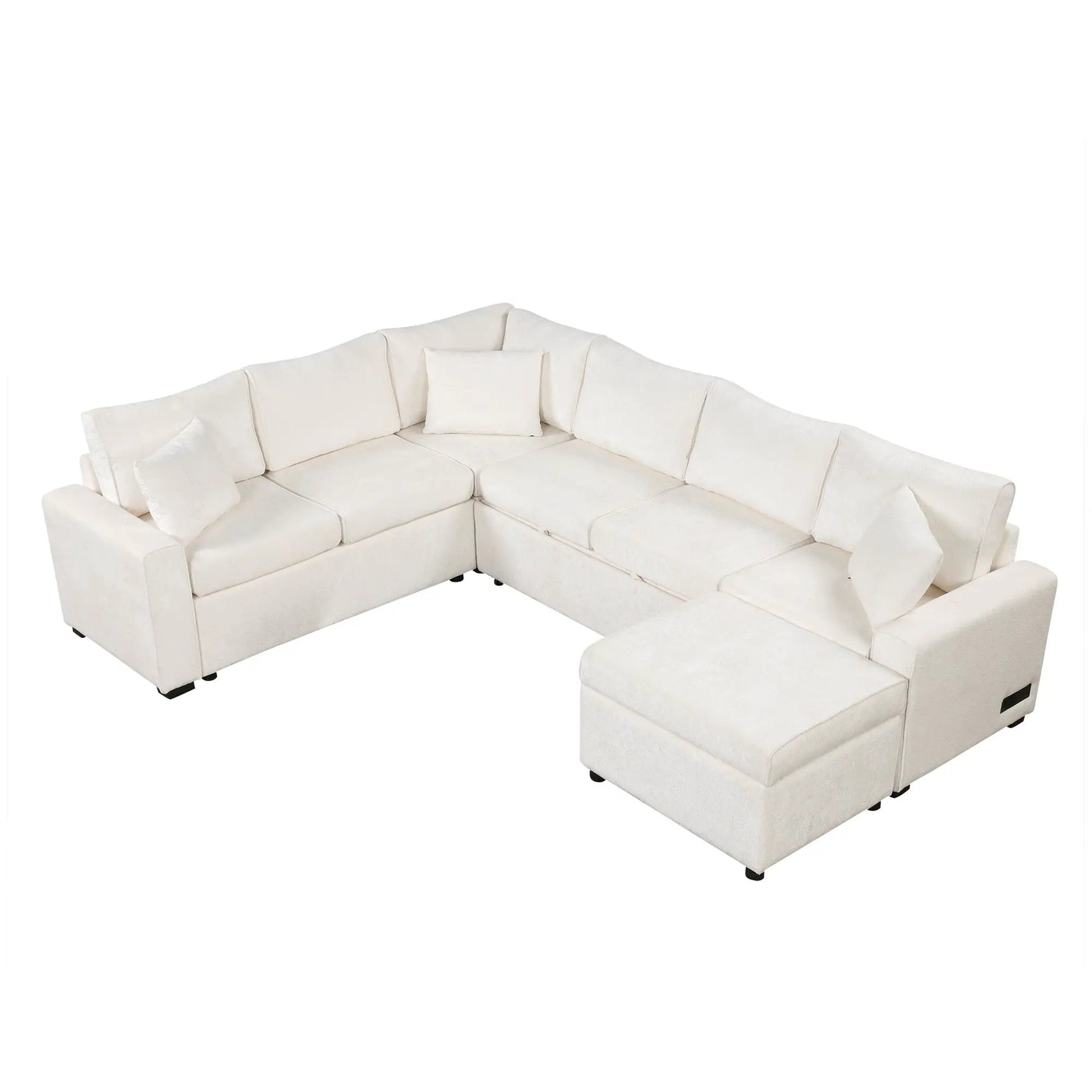 Sectional sleeper sofa with storage ottoman in cream with pillows and charging devices on Tampa Home & Garden Store