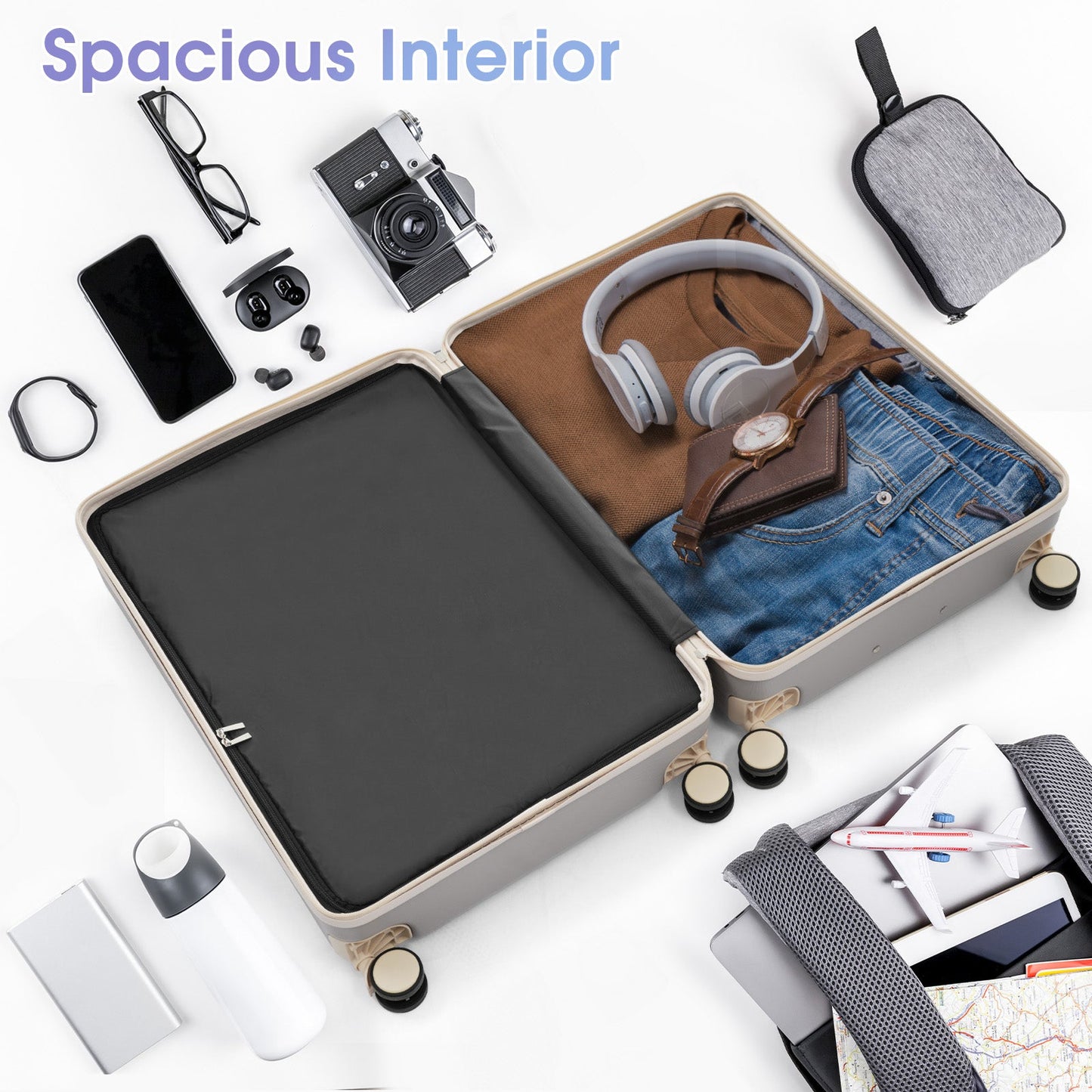 3 Piece Lightweight ABS Luggage Set beige hard case by HouseOfZazla, opened interior on Tampa Home & Garden Store