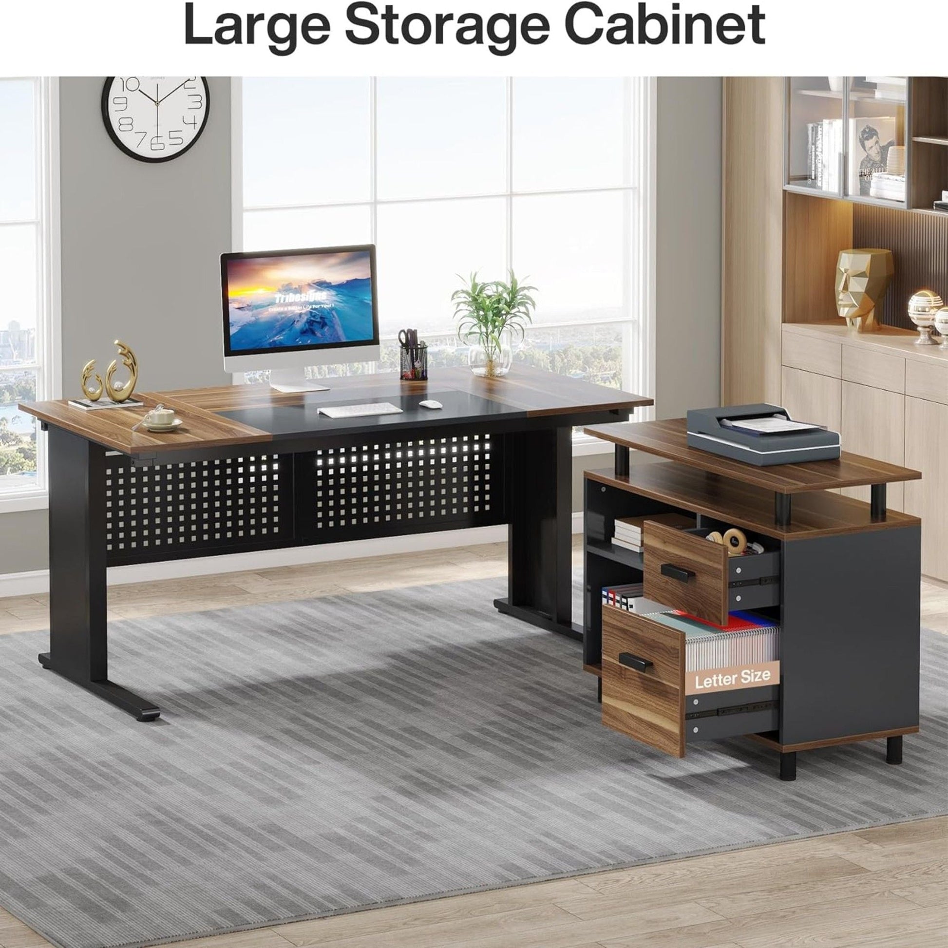 L-shaped executive desk with file cabinet and drawers in black wood finish by HouseOfZazla on Tampa Home & Garden Store