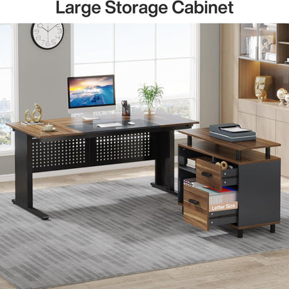 L-shaped executive desk with file cabinet and drawers in black wood finish by HouseOfZazla on Tampa Home & Garden Store