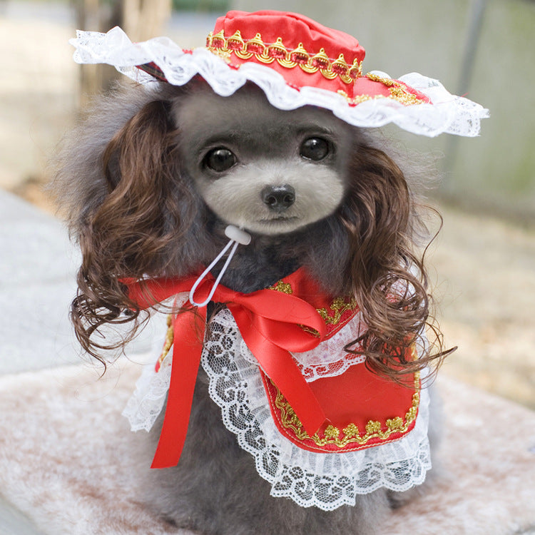 Pet Zen Christmas dog costume red satin dress with white lace trim and gold accents on Tampa Home & Garden Store