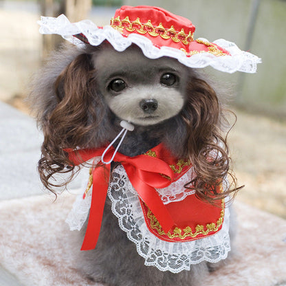Pet Zen Christmas dog costume red satin dress with white lace trim and gold accents on Tampa Home & Garden Store