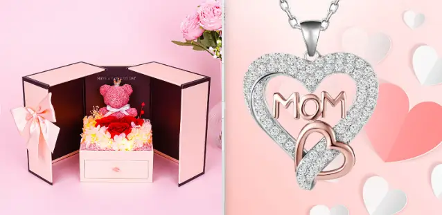 Little Bear preserved flower gift box and MOM heart pendant necklace, two-item set, on Tampa Home & Garden Store