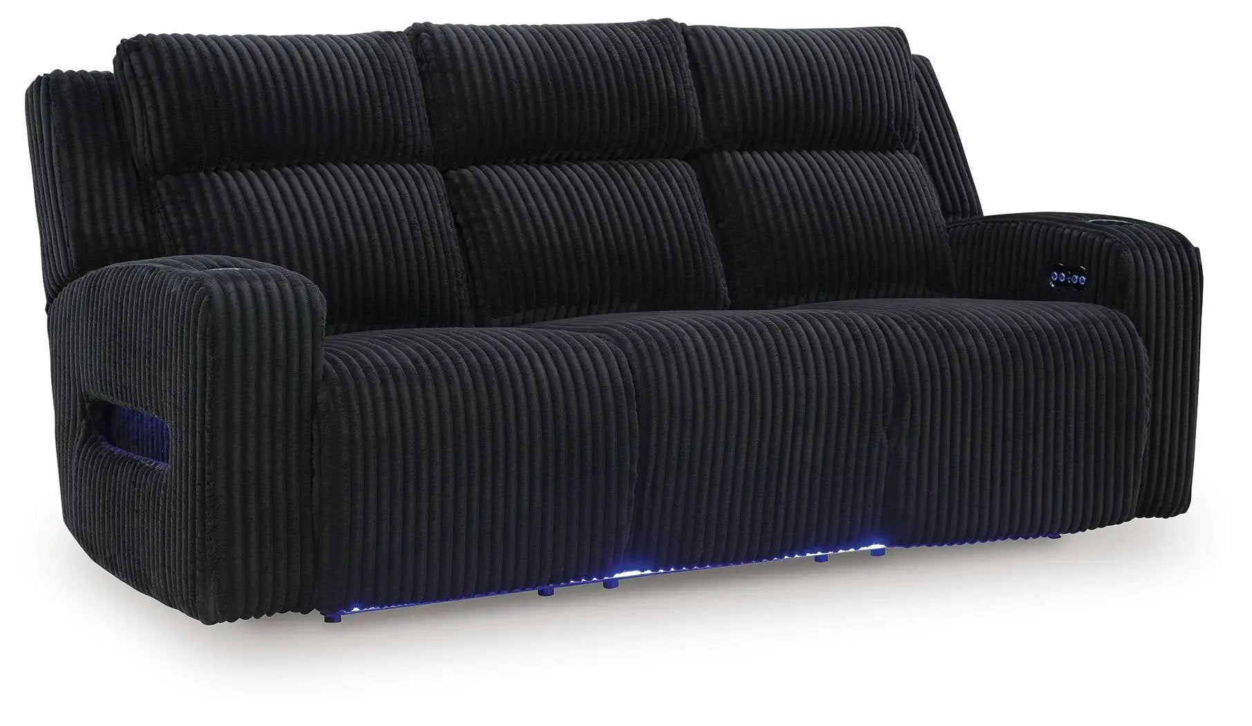Forest Lake Pwr Reclining Sofa with Adj Headrest in black corduroy by Unique Piece Furniture blue LED on Tampa Home & Garden Store