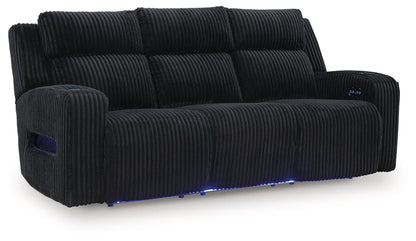 Forest Lake Pwr Reclining Sofa with Adj Headrest in black corduroy by Unique Piece Furniture blue LED on Tampa Home & Garden Store