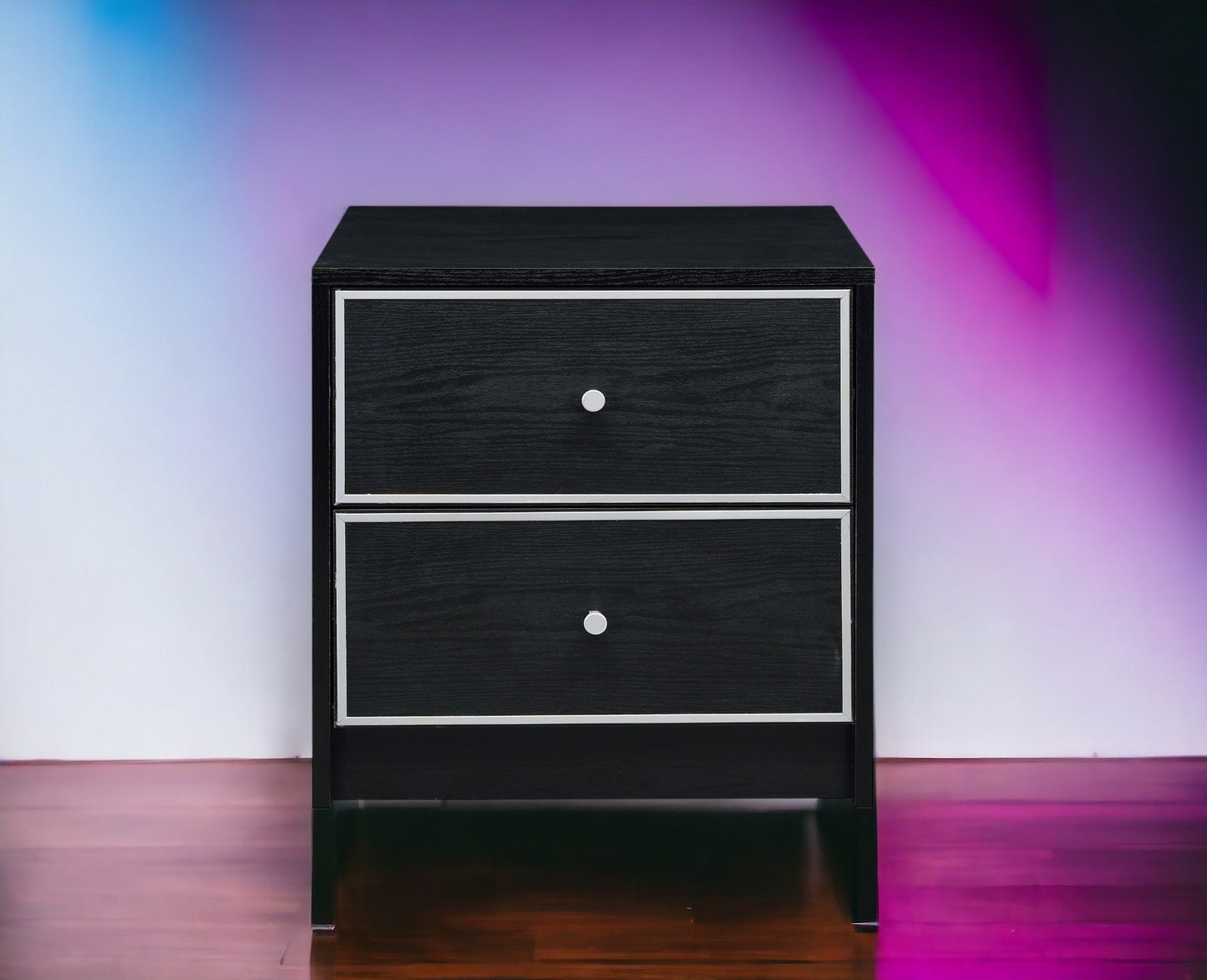 Modern black nightstand by HouseOfZazla with white trim frame and silver knobs, 3-drawer on Tampa Home & Garden Store