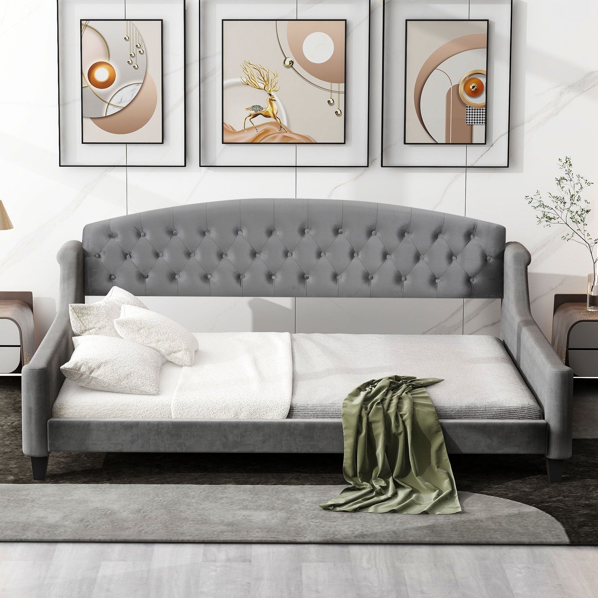 Modern Tufted Button Daybed HouseOfZazla grey velvet tufted buttons framed prints above on Tampa Home & Garden Store