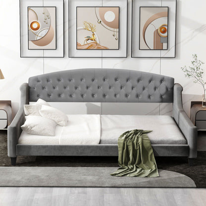Modern Tufted Button Daybed HouseOfZazla grey velvet tufted buttons framed prints above on Tampa Home & Garden Store