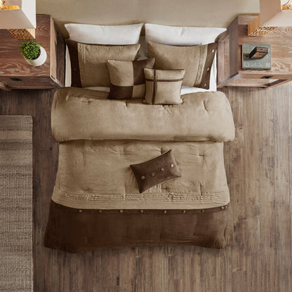 7 Piece Faux Suede Comforter Set Brown King by HouseOfZazla with tan and brown pillows on Tampa Home & Garden Store