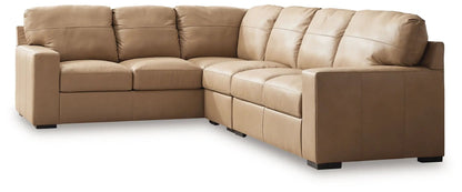 Bandon Sectional L-shaped tan leather stationary sofa with plush cushions on Tampa Home & Garden Store