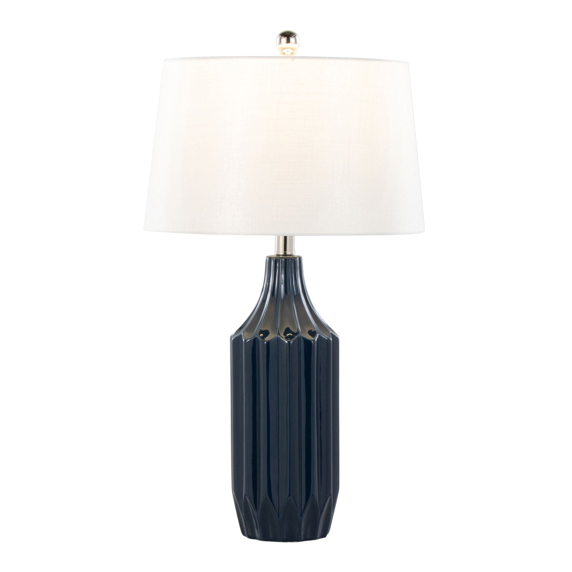 Stella - Contemporary Table Lamp by HouseOfZazla with navy ribbed ceramic base and white shade on Tampa Home & Garden Store