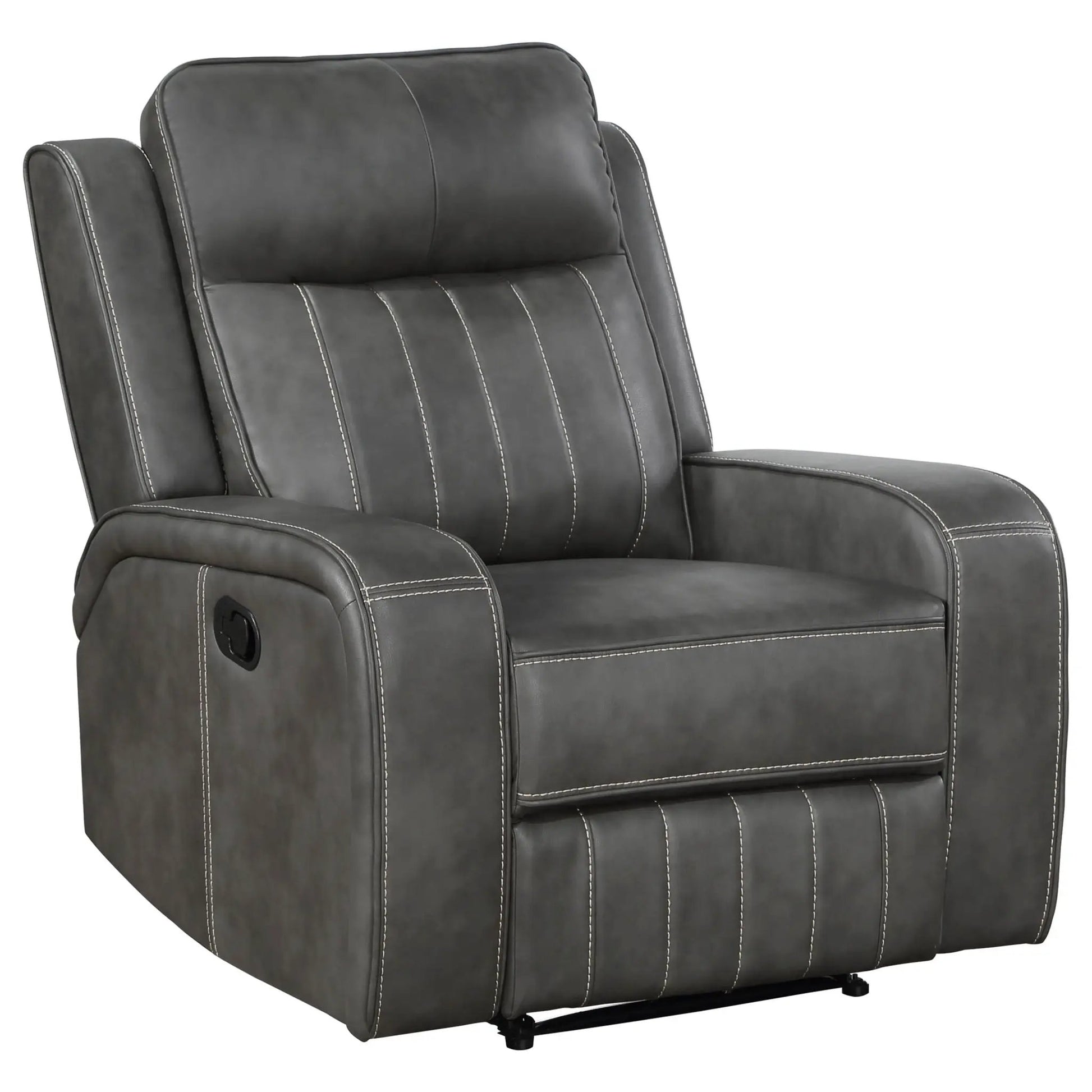 Forrest Gray Tufted Recliner Chair with leather-like upholstery and white stitching on Tampa Home & Garden Store