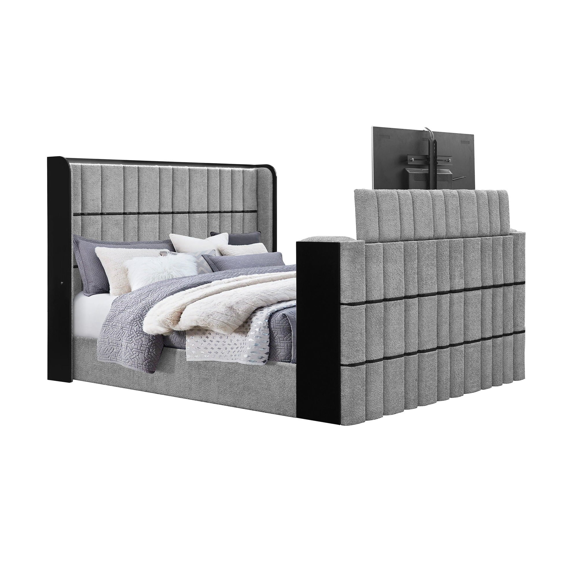 Isaiah bed with TV lift and fireplace; two gray upholstered beds with black end panels on Tampa Home & Garden Store