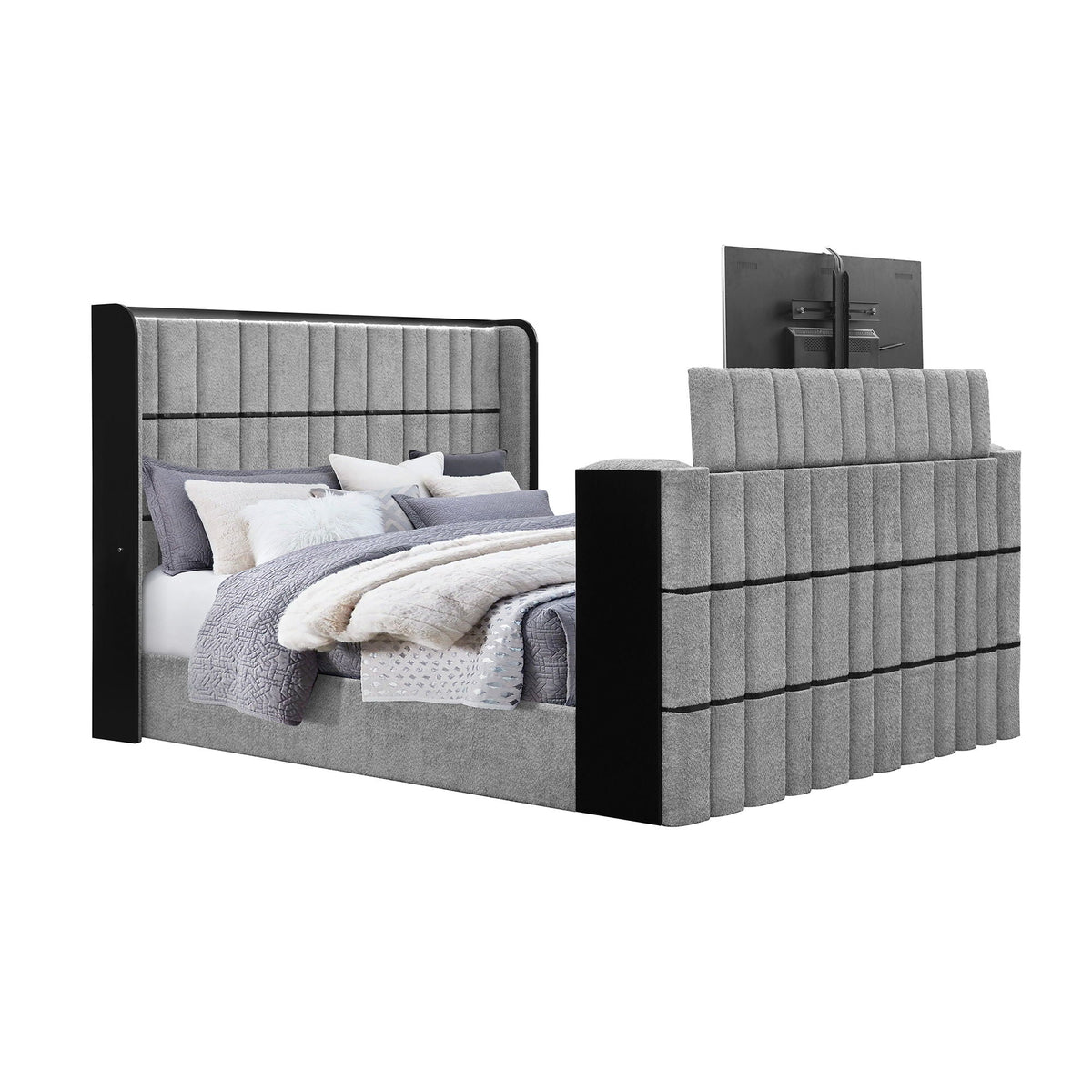 Isaiah 5 Piece Bedroom Set with TV lift; 2 gray tufted bed frames with black accents on Tampa Home & Garden Store
