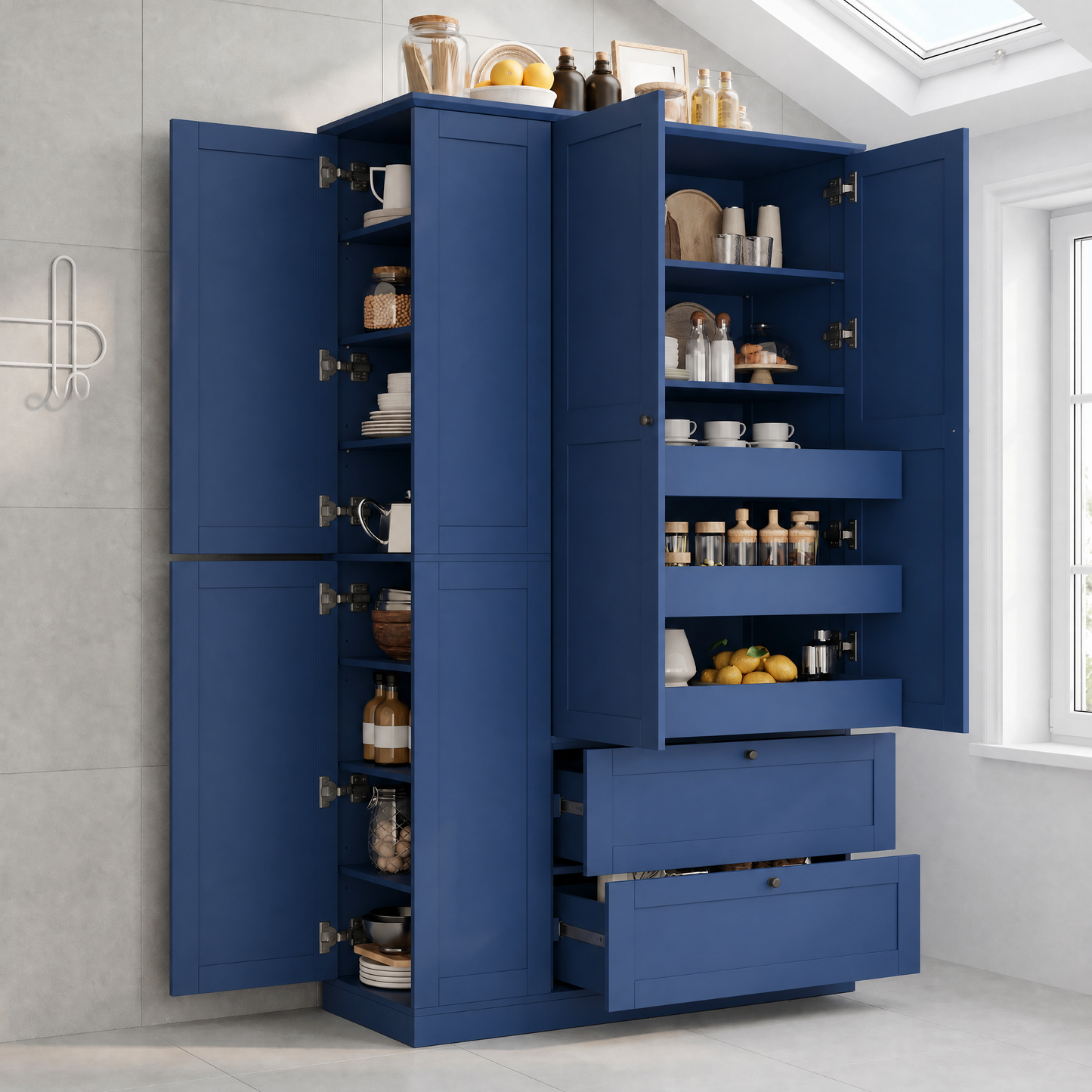 TOPMAX 73.6" Tall Farmhouse Kitchen Pantry Cabinet with 8 shelves blue finish doors open on Tampa Home & Garden Store