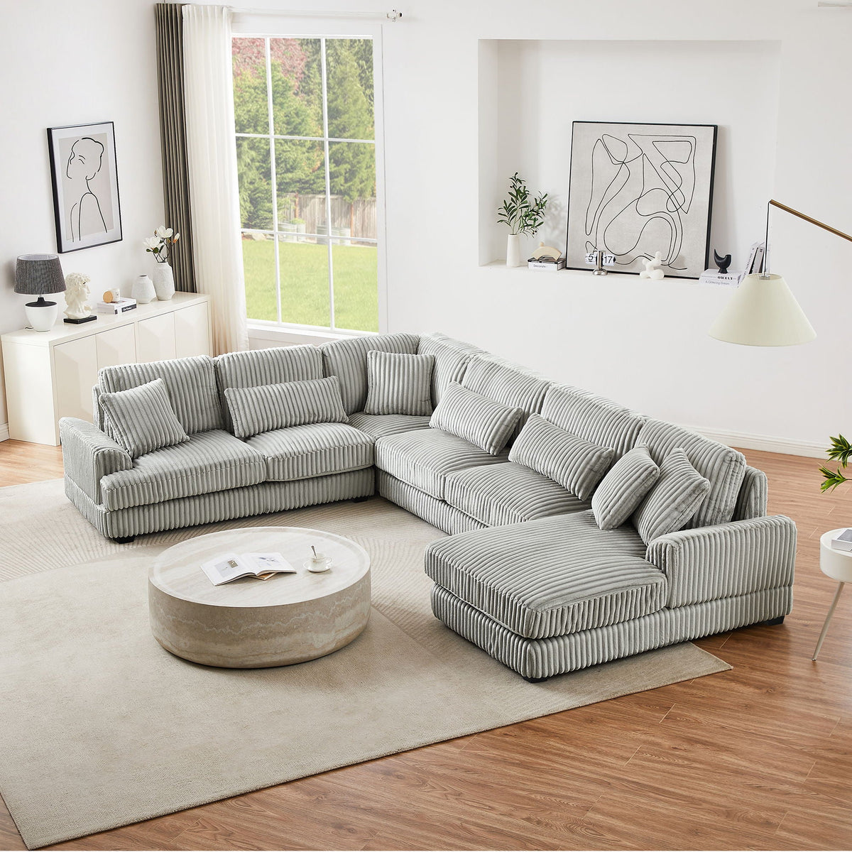U-shaped gray ribbed fabric sectional sofa with chaise lounge, oversized living room sofa on Tampa Home & Garden Store