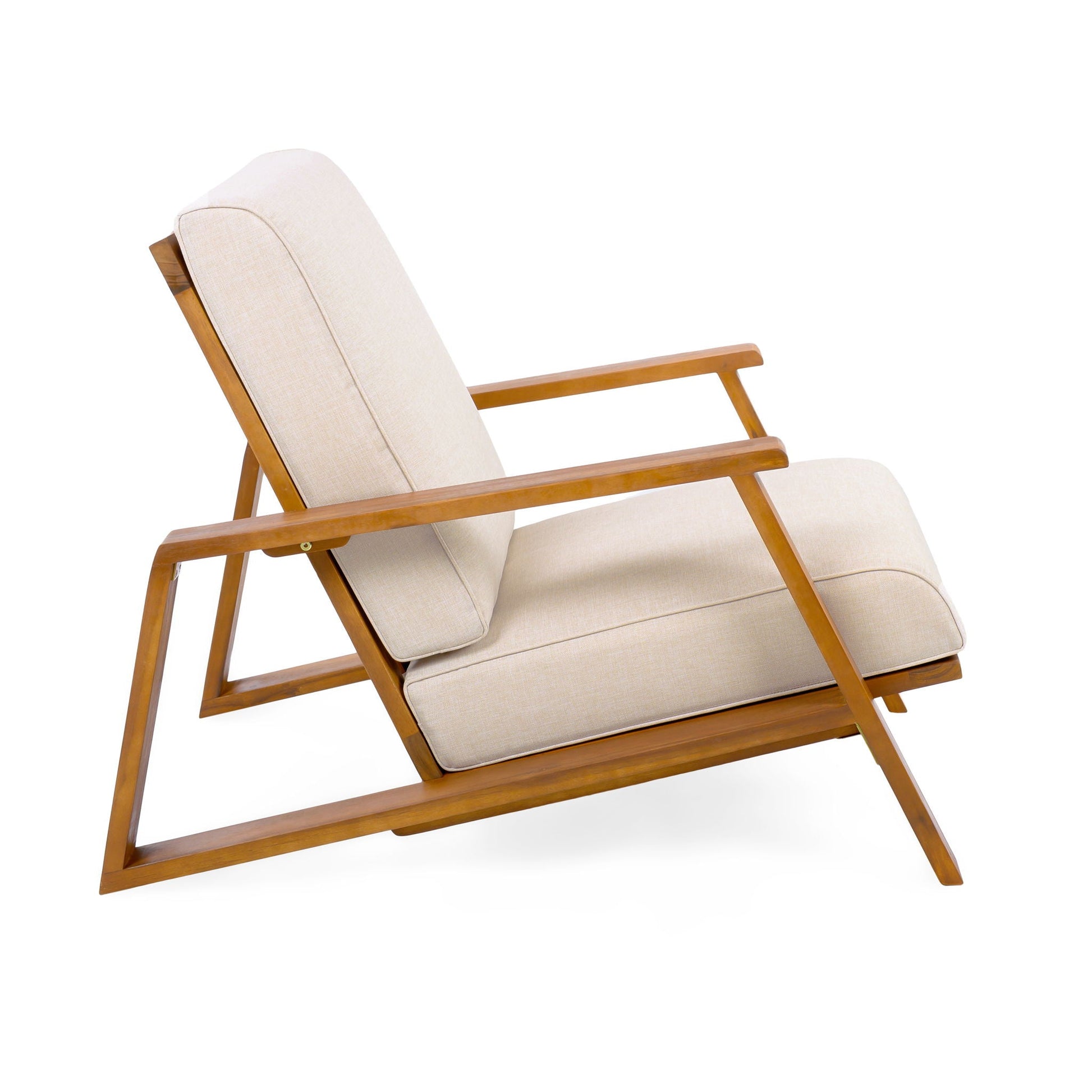 Outdoor patio lounge chairs set of 2 with beige cushions and natural wood frames on Tampa Home & Garden Store