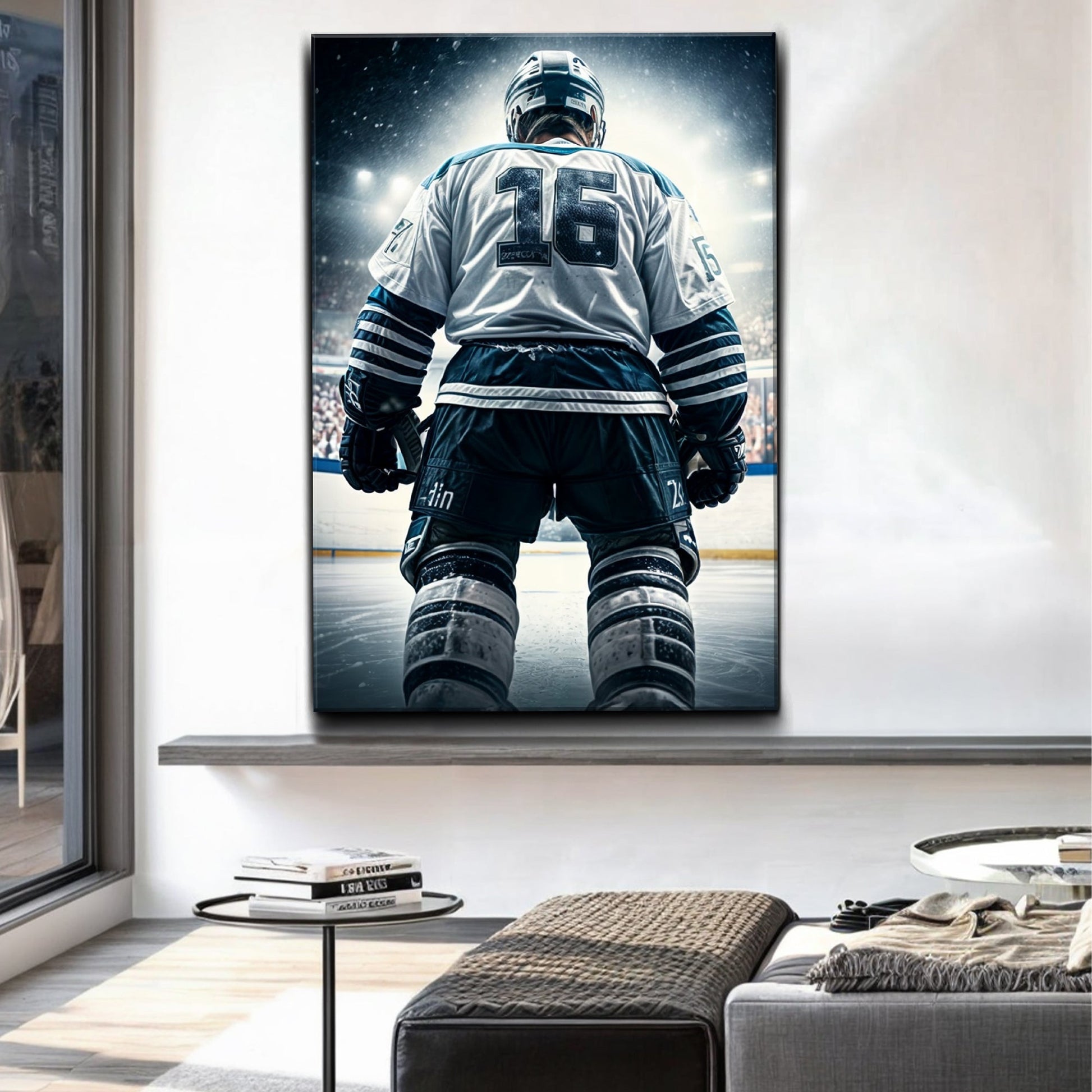 Victory Stance sport wall art canvas Tailored Canvases in blue and white hockey scene on Tampa Home & Garden Store
