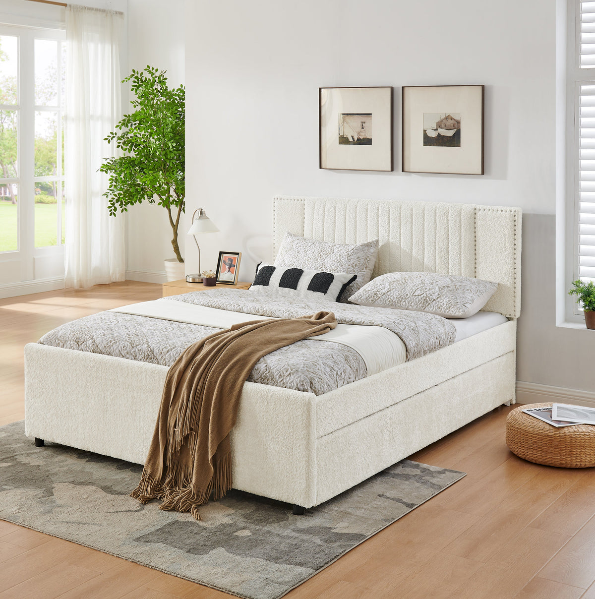 Queen size vertical channel tufted upholstered bed with storage and trundle in cream fabric on Tampa Home & Garden Store