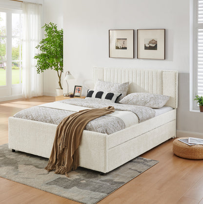 Queen size vertical channel tufted upholstered bed with storage and trundle in cream fabric on Tampa Home & Garden Store
