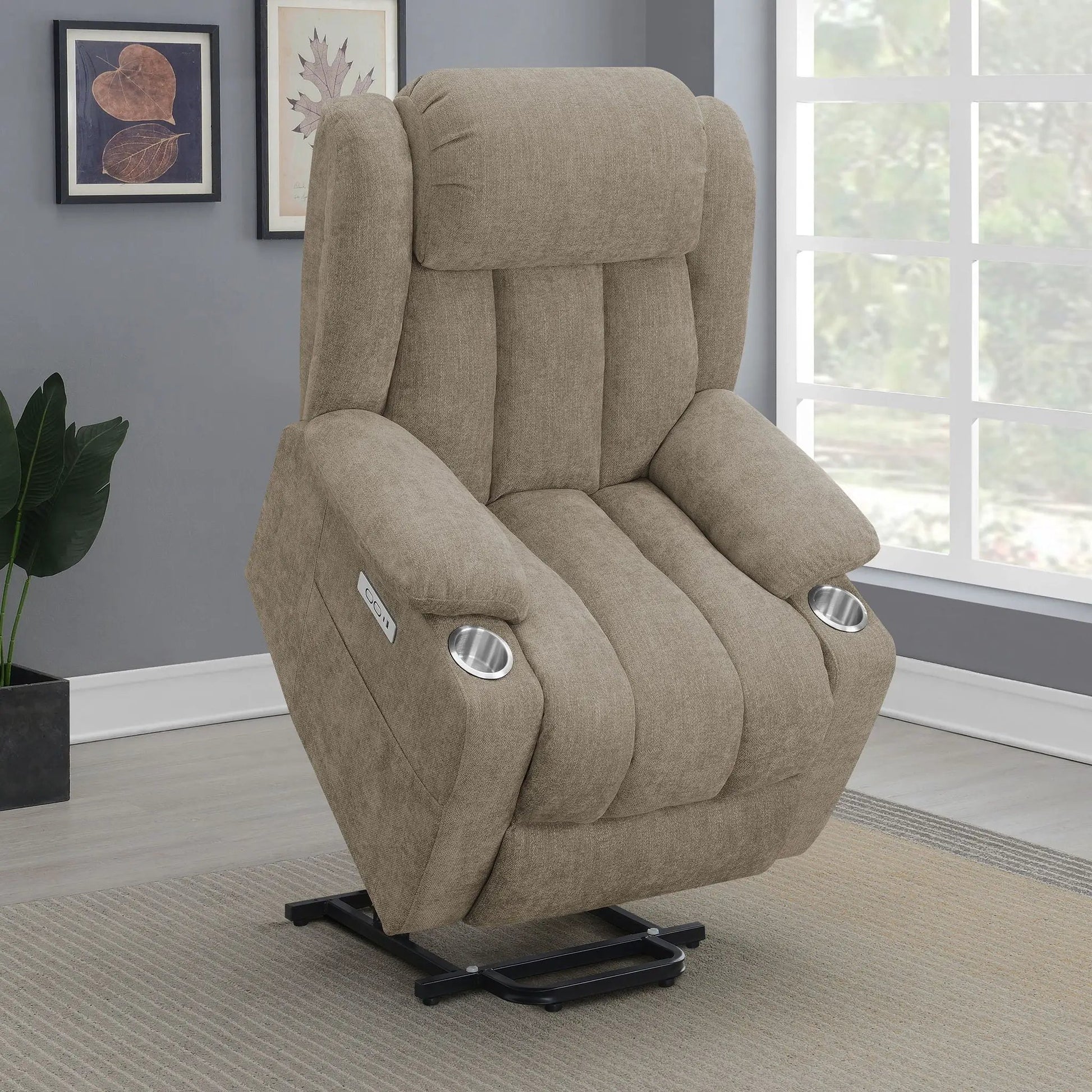Beca power lift recliner in beige fabric with cupholders and USB charging by Unique Piece Furniture on Tampa Home & Garden Store