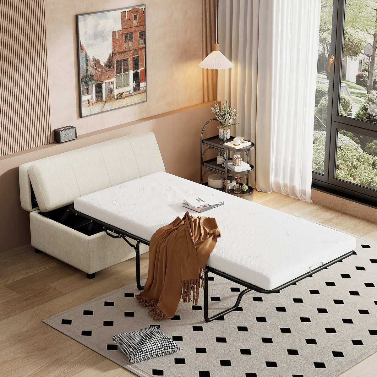 Twin size folding ottoman sleeper bed with mattress in beige upholstery by HouseOfZazla on Tampa Home & Garden Store
