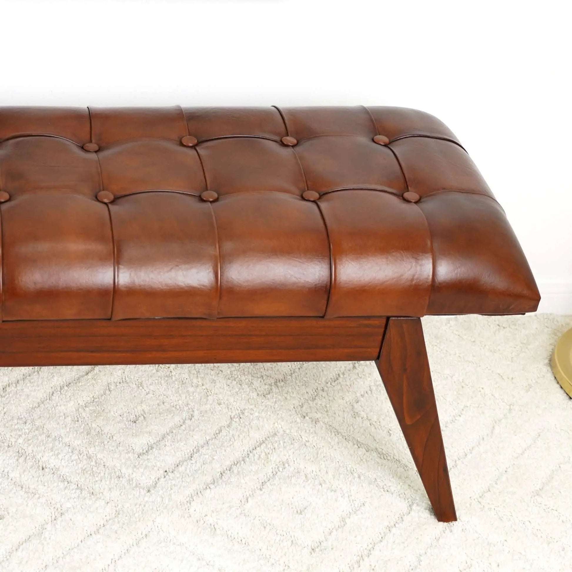Maja bench in cognac leather, tufted upholstery with buttoned detail on Tampa Home & Garden Store