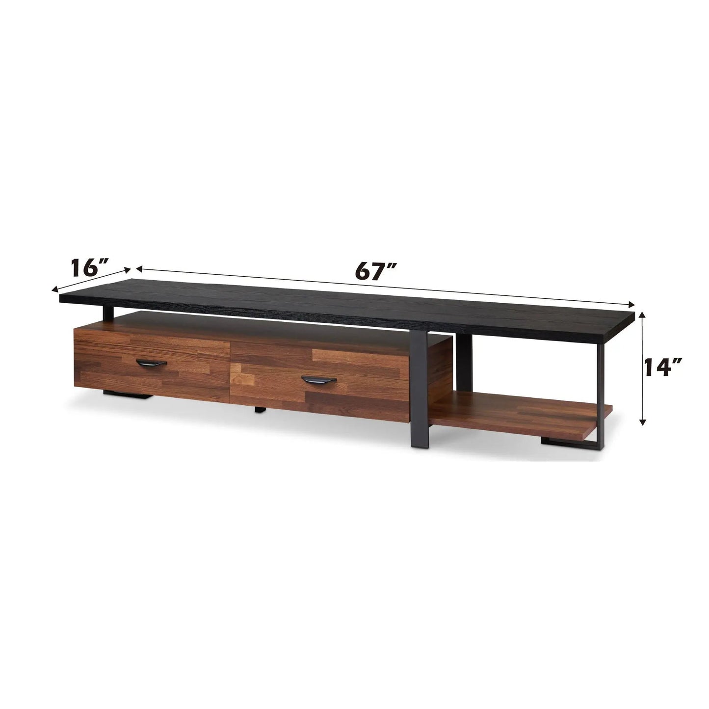Elling TV Stand Walnut / Black by Unique Piece Furniture with two drawers and black metal frame on Tampa Home & Garden Store