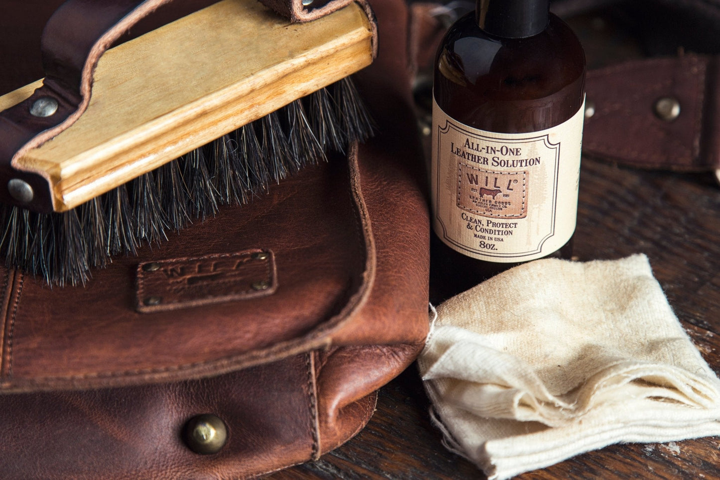 All-In-One Leather Solution bottle and leather brush set (2 items) by Will Leather Goods on Tampa Home & Garden Store