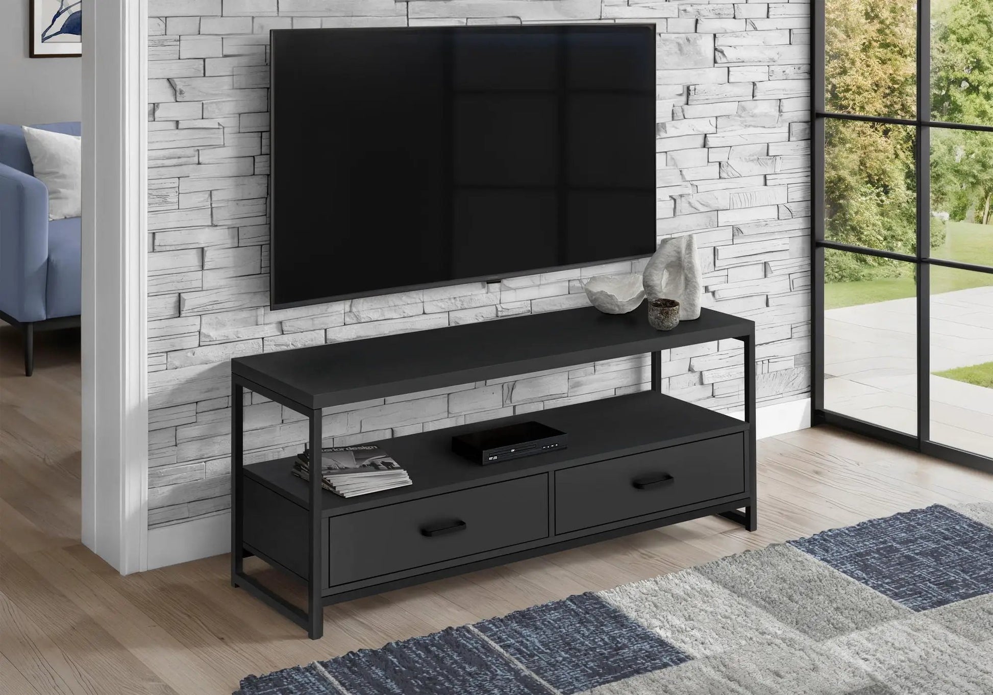 TV stand console with two drawers, matte black finish, metal frame, Unique Piece Furniture on Tampa Home & Garden Store