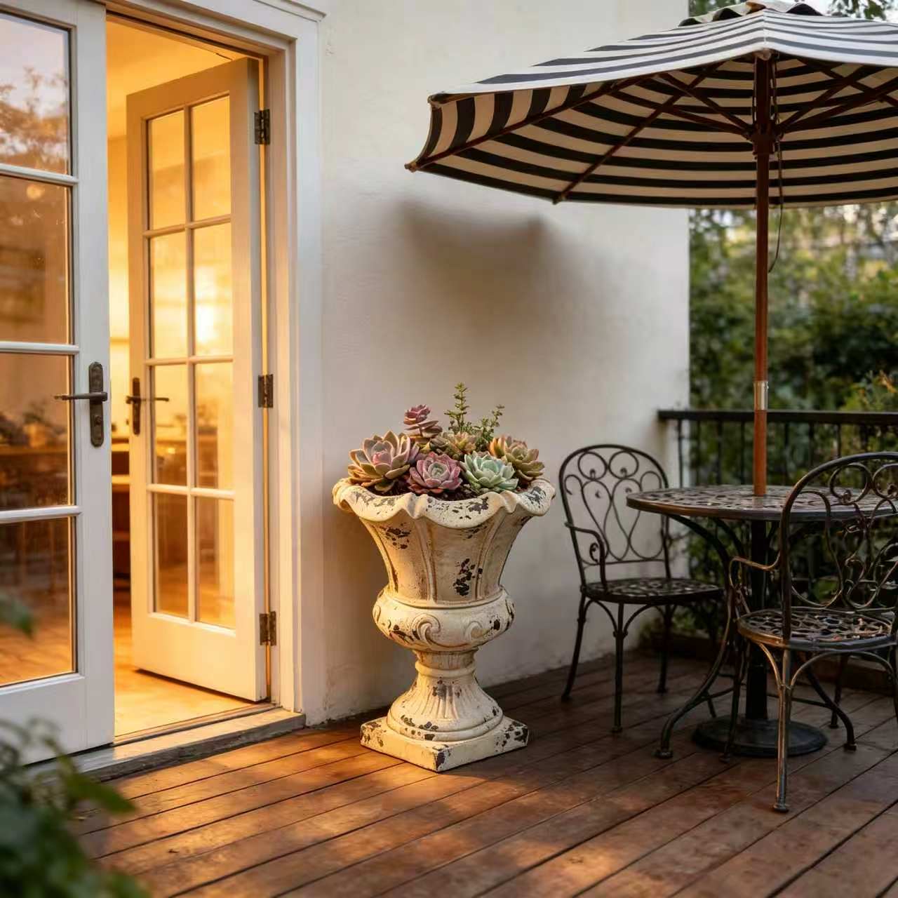 MGO Garden Planter antique white with succulents on a wooden deck beside glass doors on Tampa Home & Garden Store