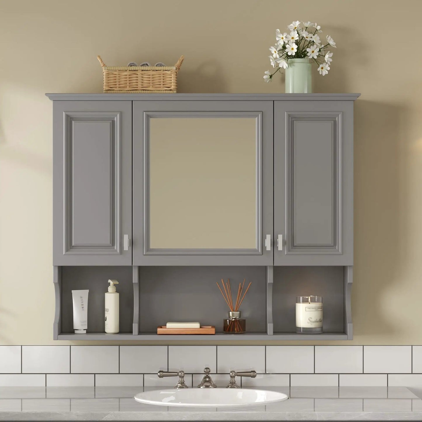 Wall mounted bathroom medicine cabinet with a mirror and open shelves in gray finish on Tampa Home & Garden Store