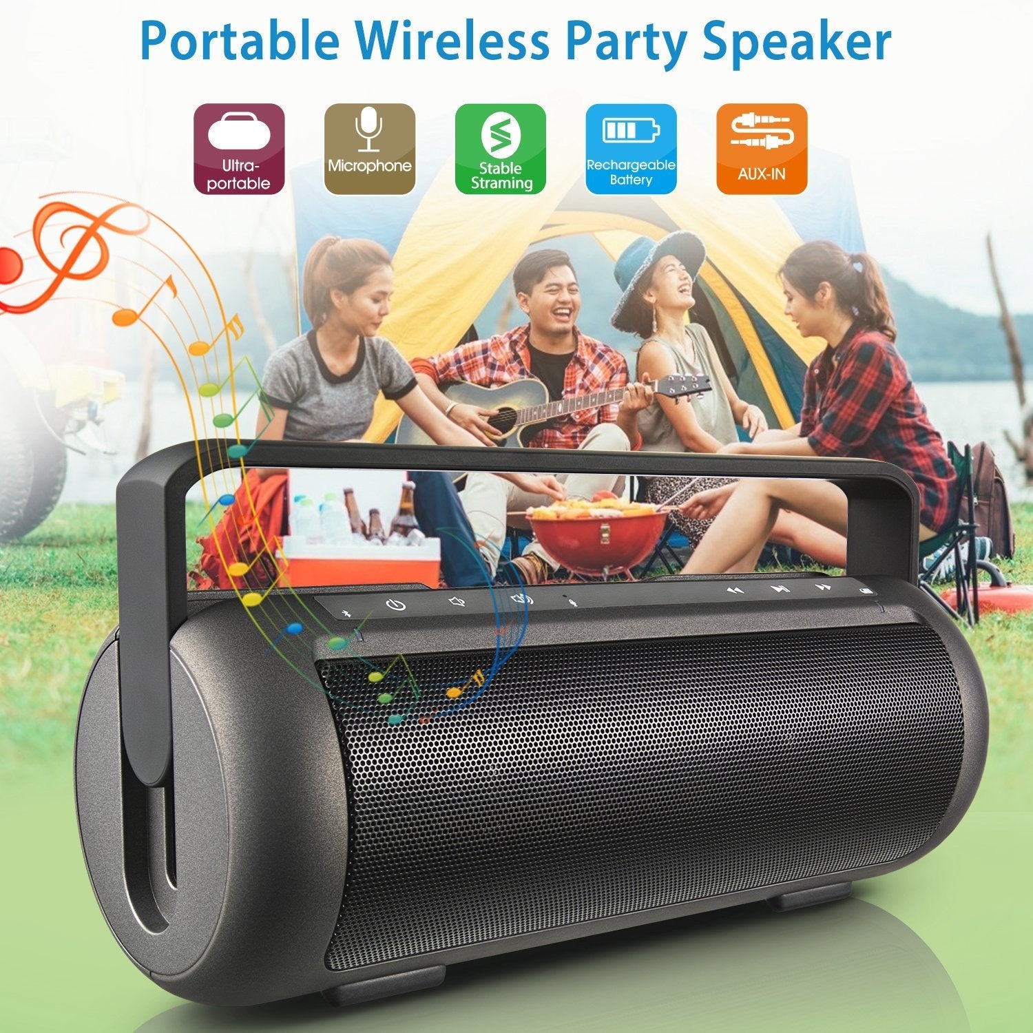 iRola Wireless Speaker GemGear portable dual-sub stereo with mic AUX-in for camping party on Tampa Home & Garden Store