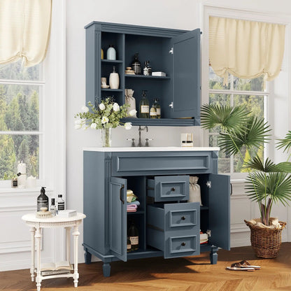 Blue-gray bathroom vanity with top sink and mirror cabinet; 2 soft-closing doors and 2 drawers on Tampa Home & Garden Store