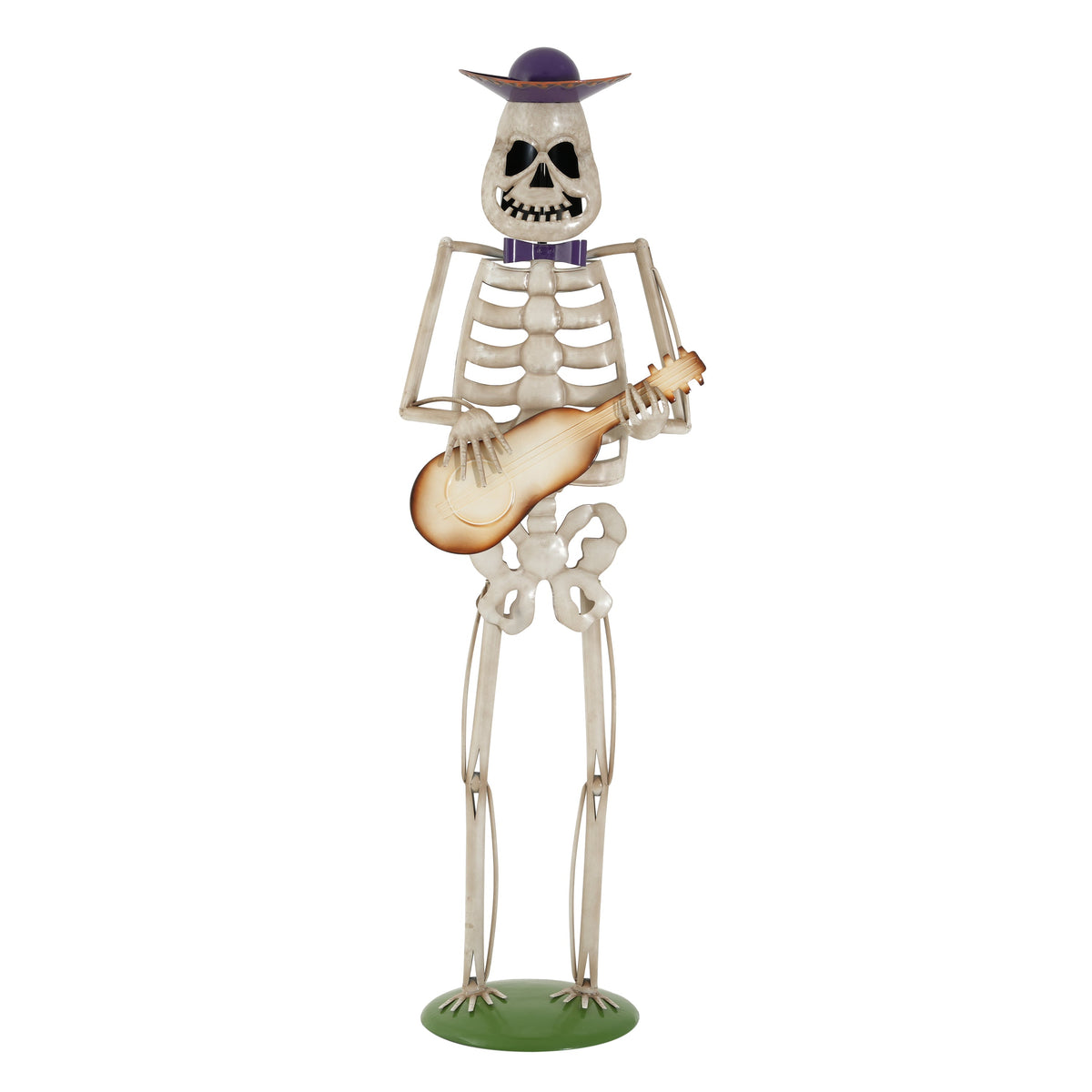 Halloween skeleton yard statue with a metal guitar, beige bones, purple hat, green base on Tampa Home & Garden Store