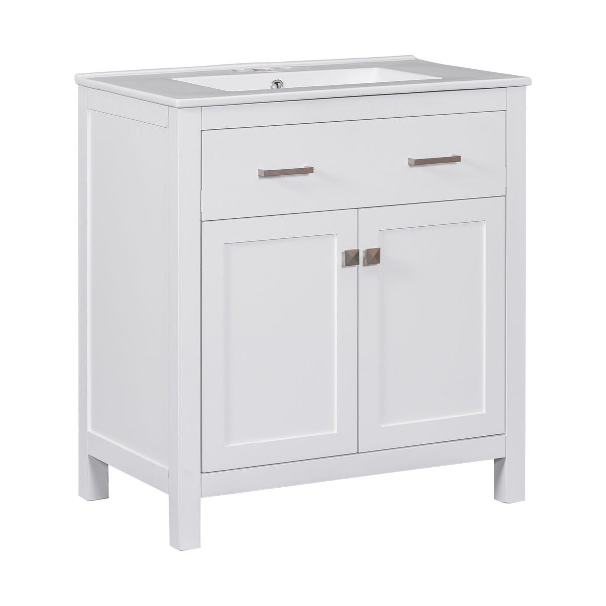 Modern white bathroom vanity with ceramic sink, two-door cabinet and brushed metal handles on Tampa Home & Garden Store