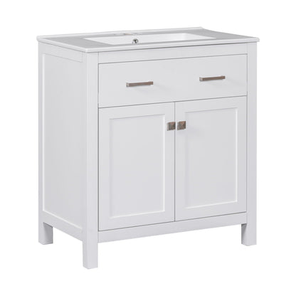 Modern white bathroom vanity with ceramic sink, two-door cabinet and brushed metal handles on Tampa Home & Garden Store