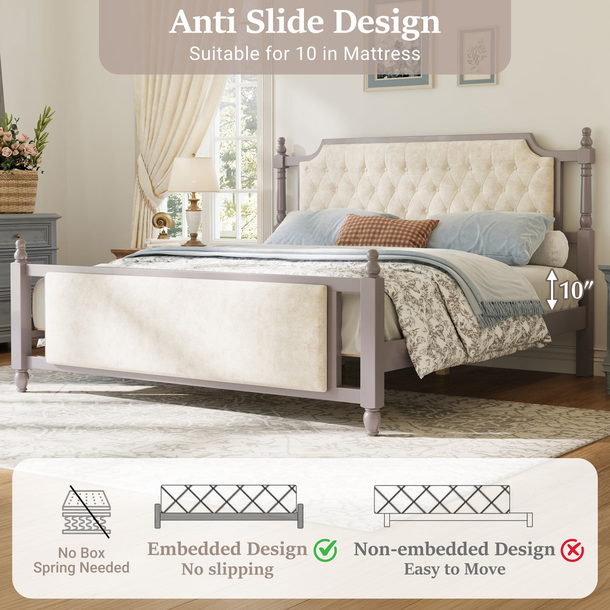 King upholstered bed with button-tufted headboard in beige fabric and lavender-gray frame on Tampa Home & Garden Store