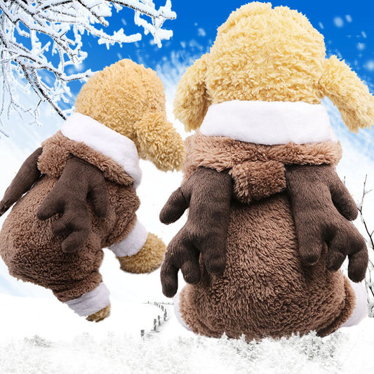 Pet Zen pet clothes two plush dogs in brown Santa outfits with white trim on snowy backdrop on Tampa Home & Garden Store