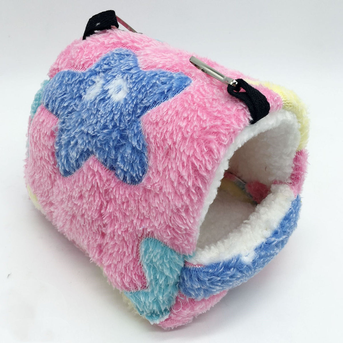 Hamster warm sleeping bag nest pink plush with blue heart patch and white trim metal clip on Tampa Home & Garden Store
