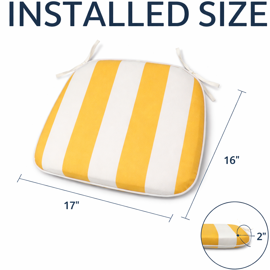 Outdoor patio chair cushion with yellow and white stripes, 17x16 inches, 2 inches thick on Tampa Home & Garden Store