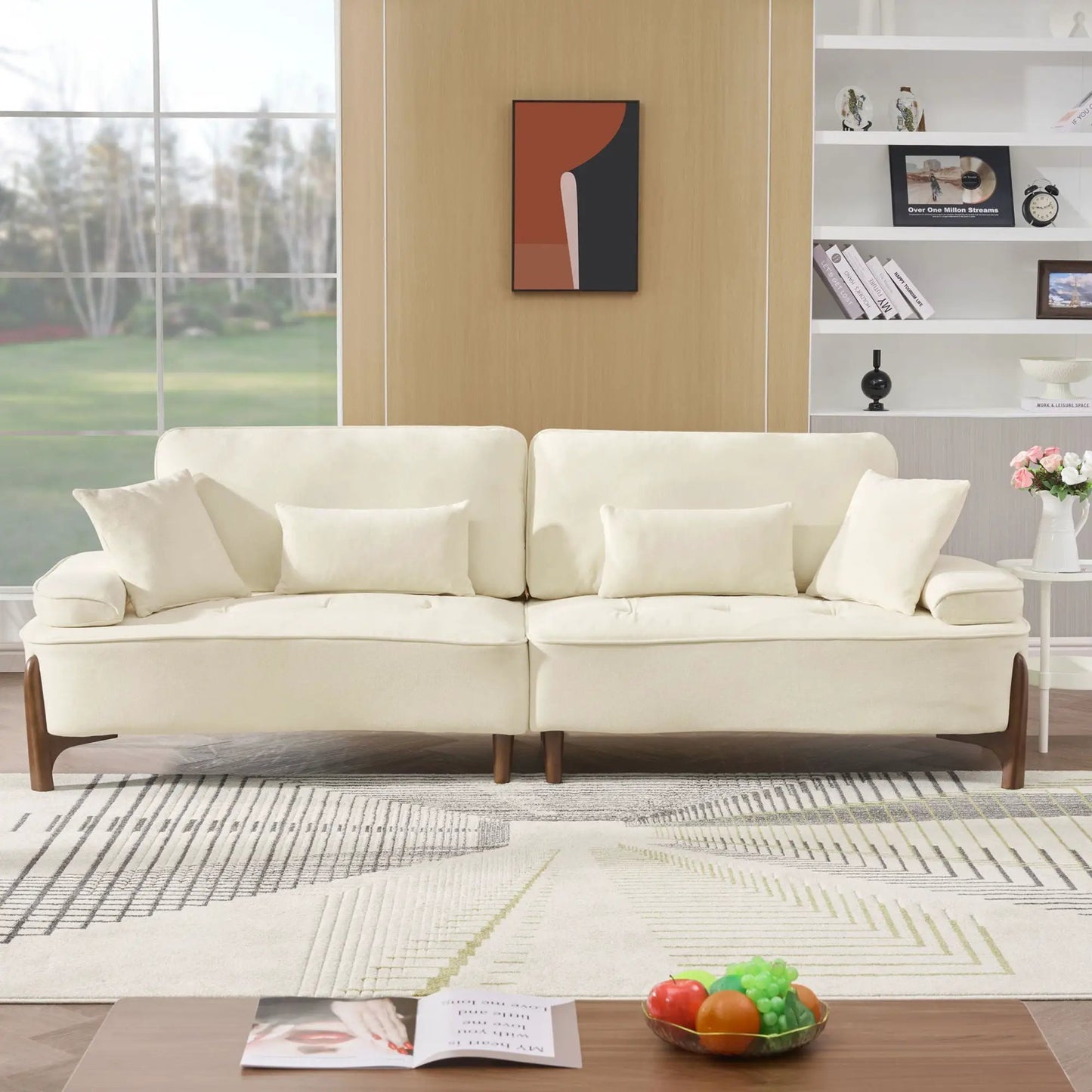 Comfortable Deep Seated Sofa With Pillows cream fabric upholstery with wooden legs on Tampa Home & Garden Store