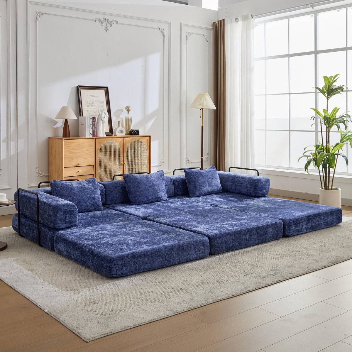 Blue velvet boneless modular futon sofa bed by HouseOfZazla convertible floor sofa for living room on Tampa Home & Garden Store