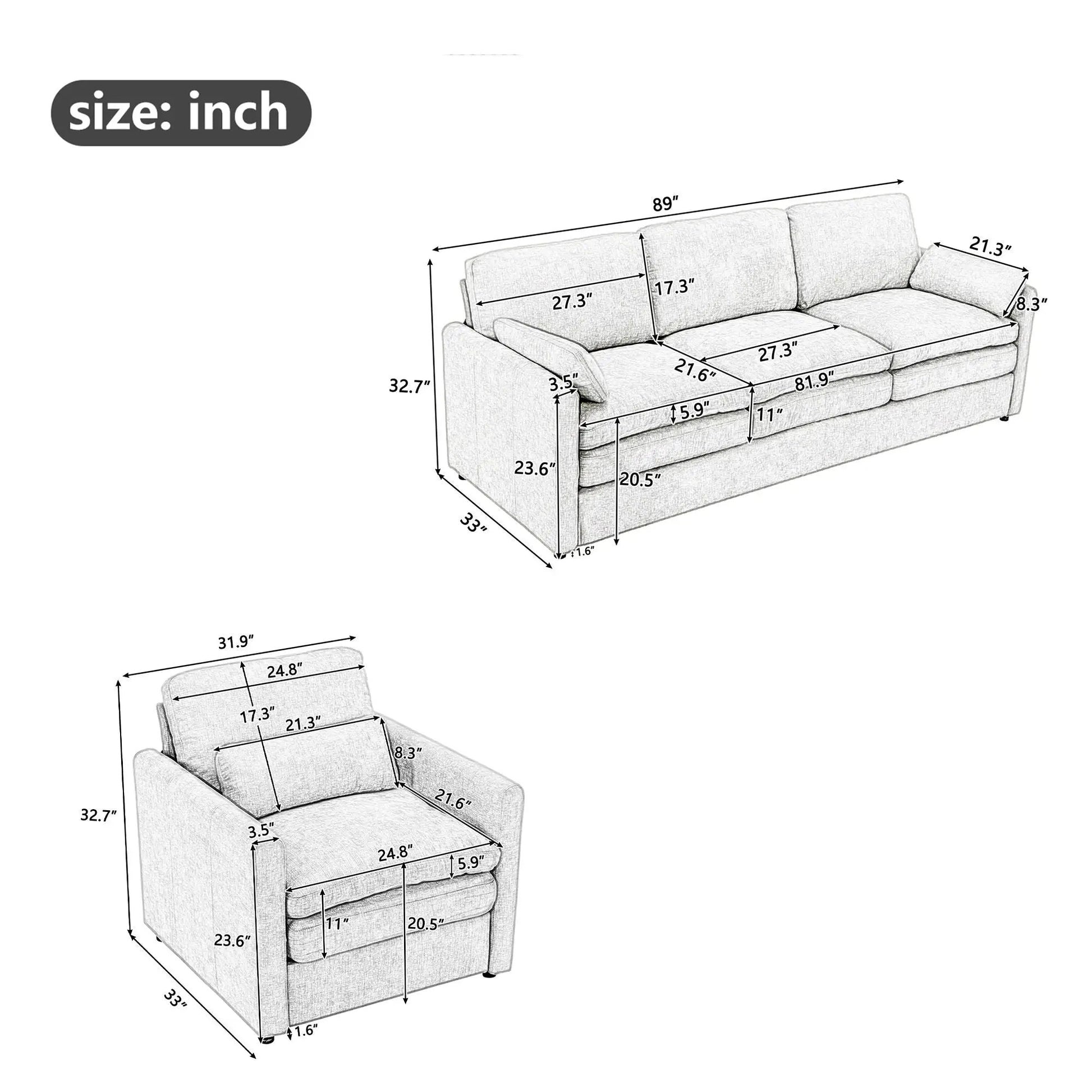 Cloud sofa set, 3-piece living room set in gray fabric by Unique Piece Furniture on Tampa Home & Garden Store