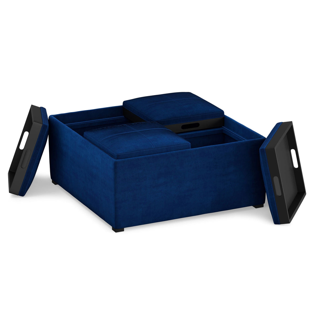 Avalon Square Ottoman Coffee Table With Trays, blue velvet storage ottoman with built-in trays HouseOfZazla on Tampa Home & Garden Store