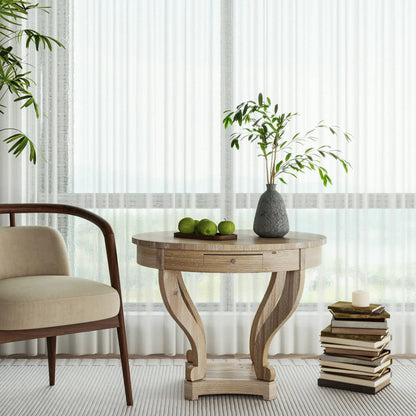 Curved-leg farmhouse round end table natural wood grain distressed Unique Piece Furniture on Tampa Home & Garden Store