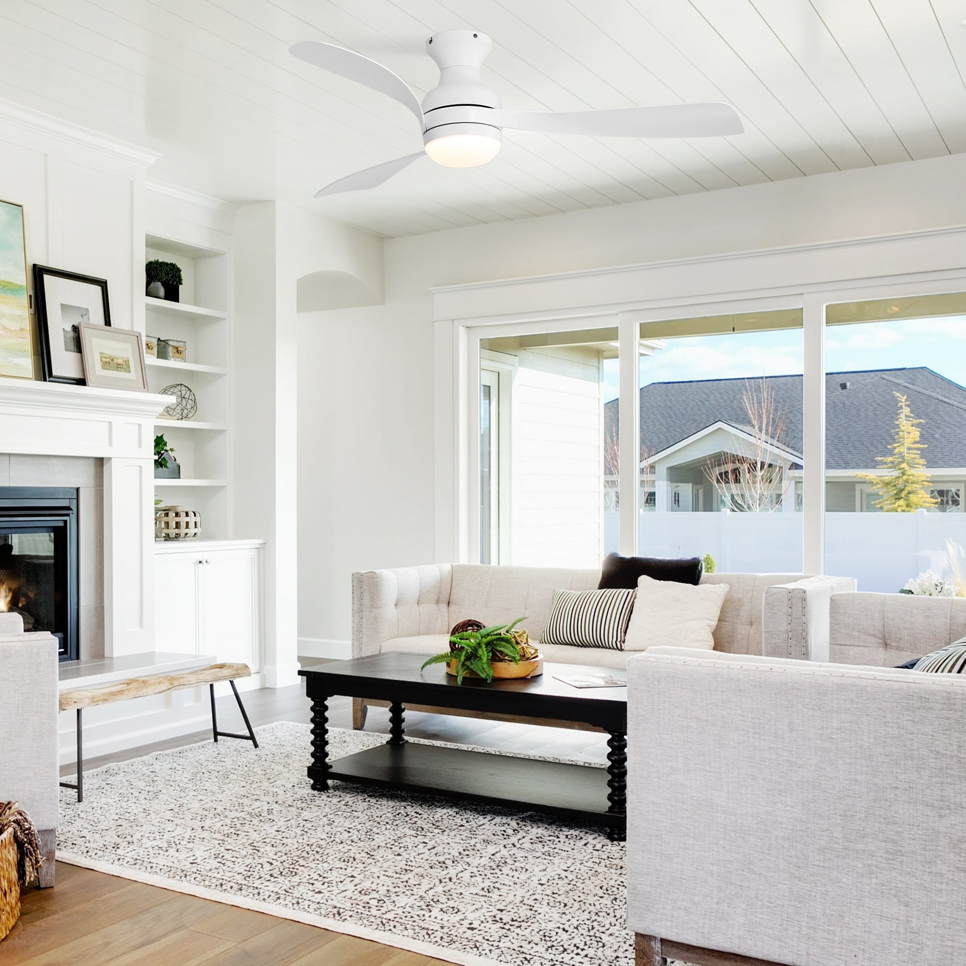 52in white low-profile ceiling fan with dimmable LED light 3 blades modern living room on Tampa Home & Garden Store